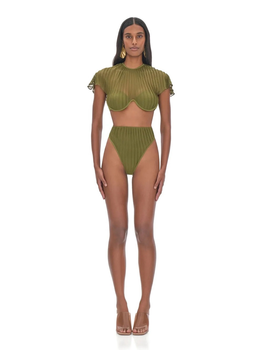 Andrea Iyamah Olive Green Pleated Two-Piece Swim Set